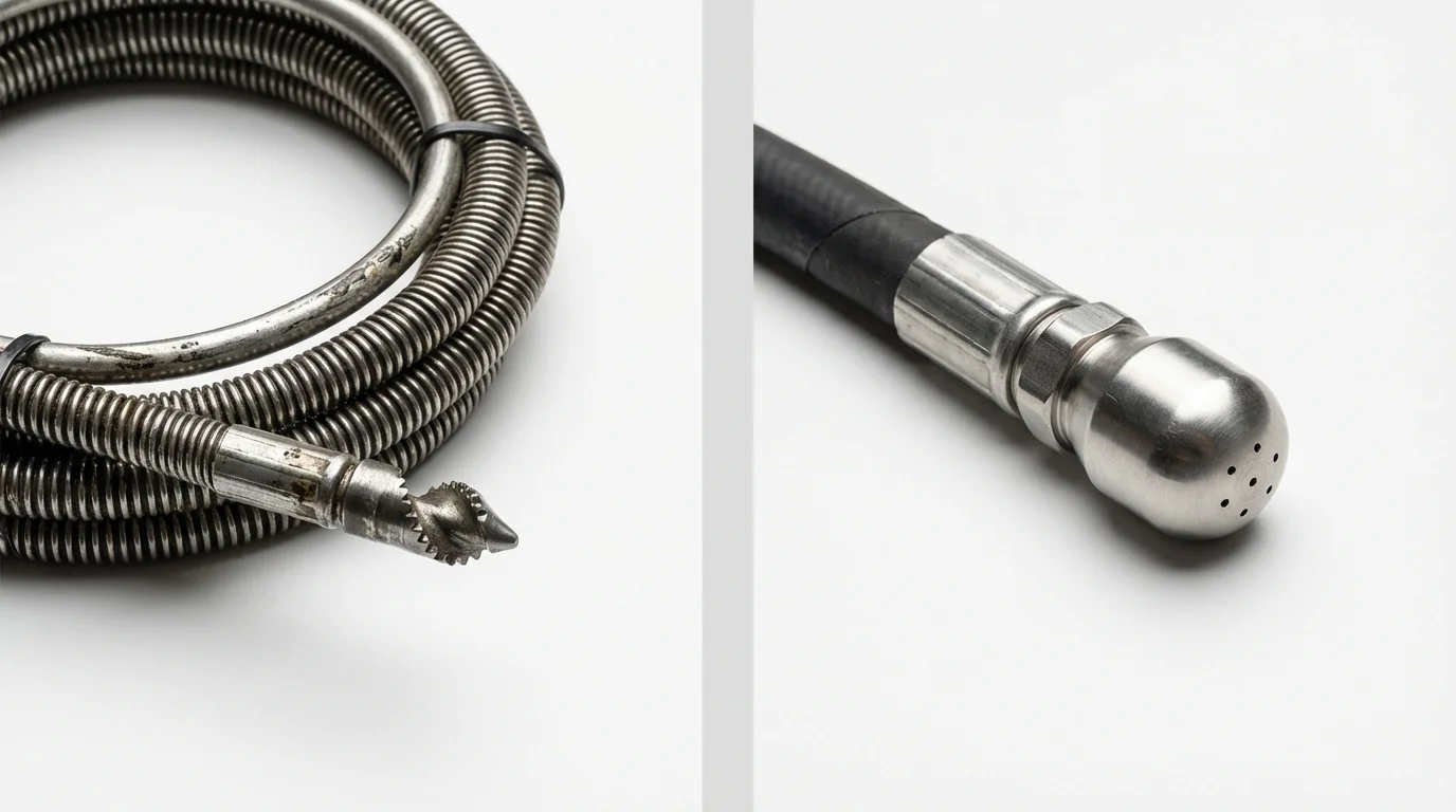 Drain snake cable and hydro jetting nozzle used for drain cleaning in Greenville, RI