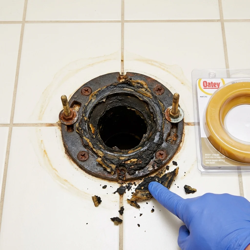 Failed wax ring showing water seepage at the base of a toilet in a Greenville, RI home