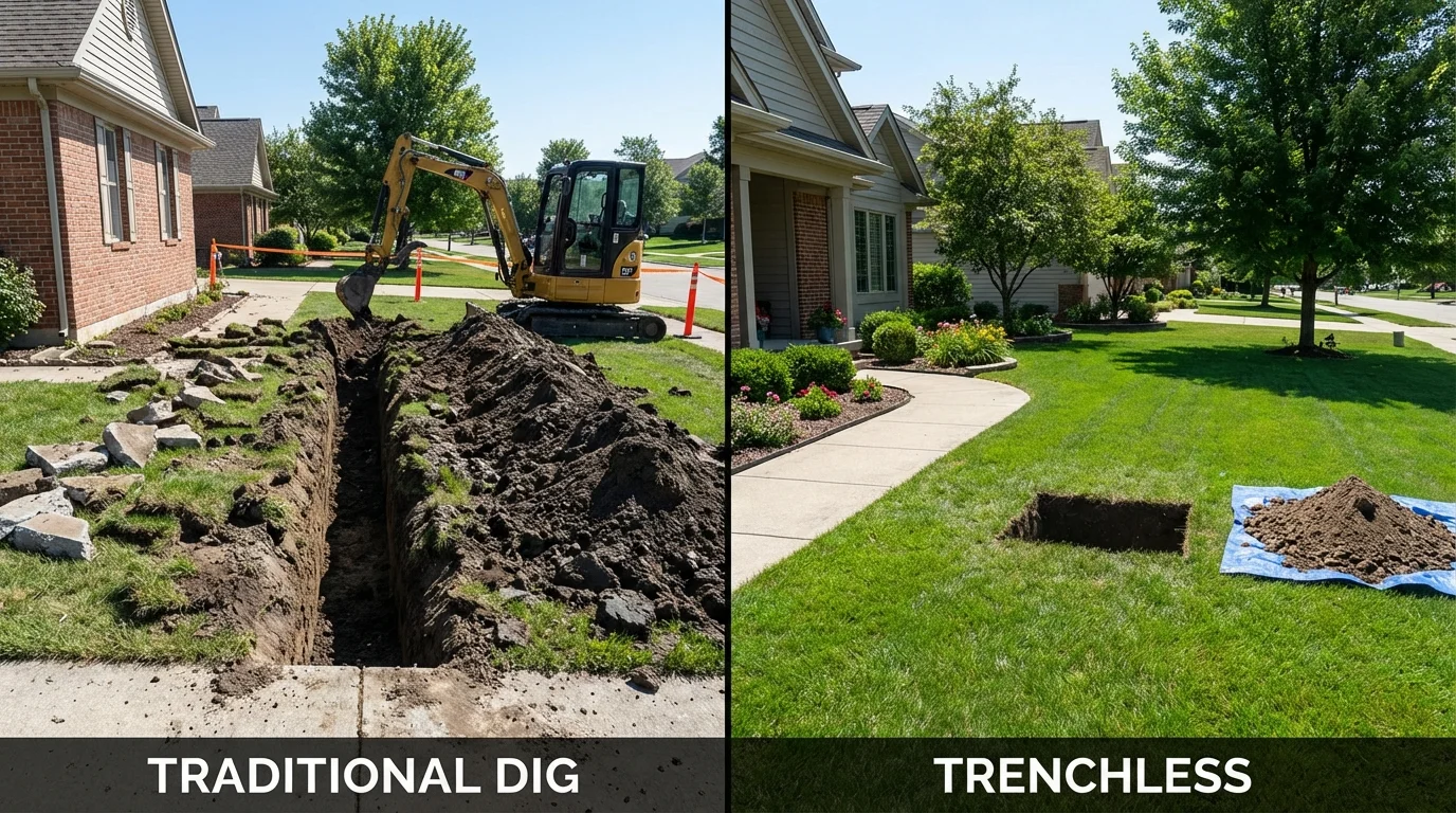 Trenchless sewer repair with minimal yard damage versus traditional excavation in Greenville, RI