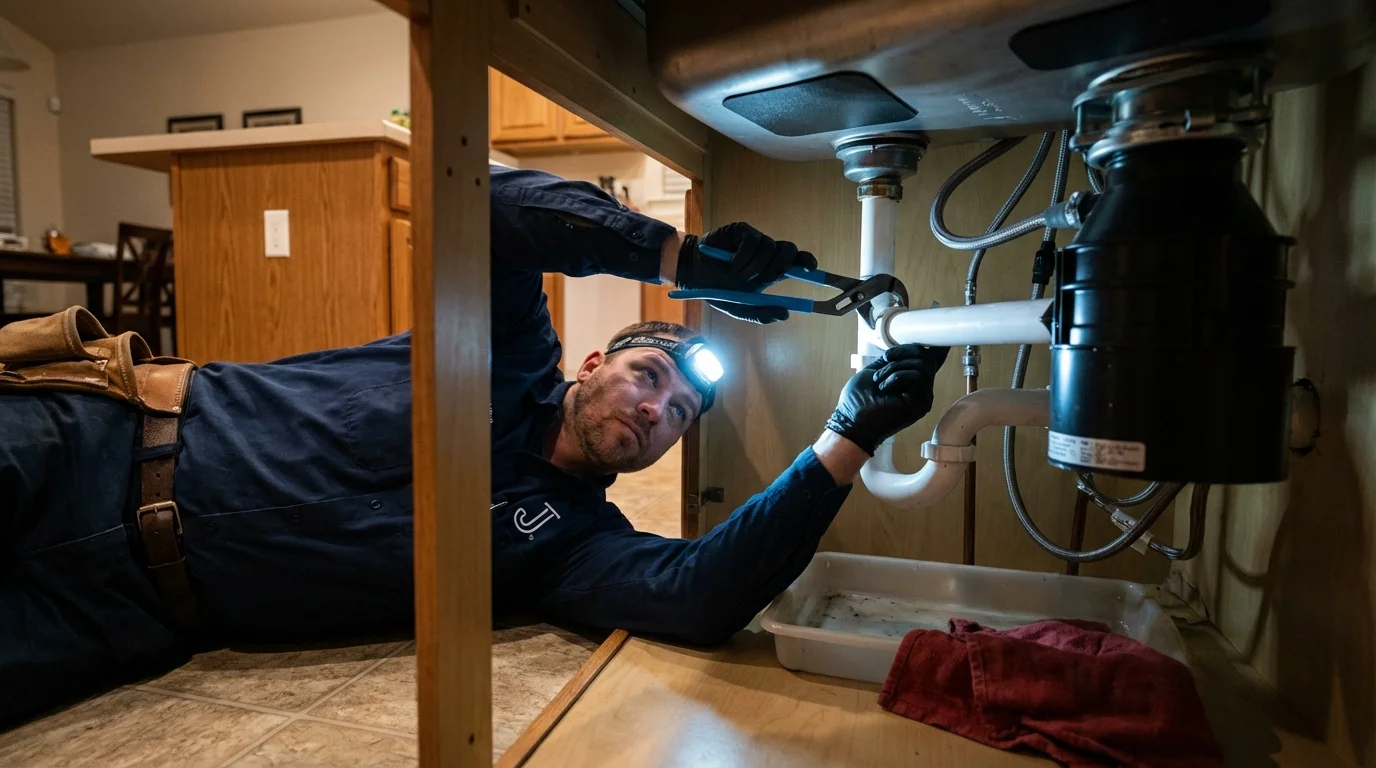 P-trap and supply line connections under a kitchen sink showing a common leak point in Greenville, RI